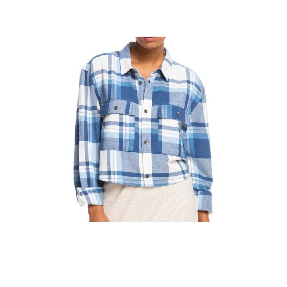 NWT Roxy Woven Plaid Cropped Button Up Flannel Women's size L